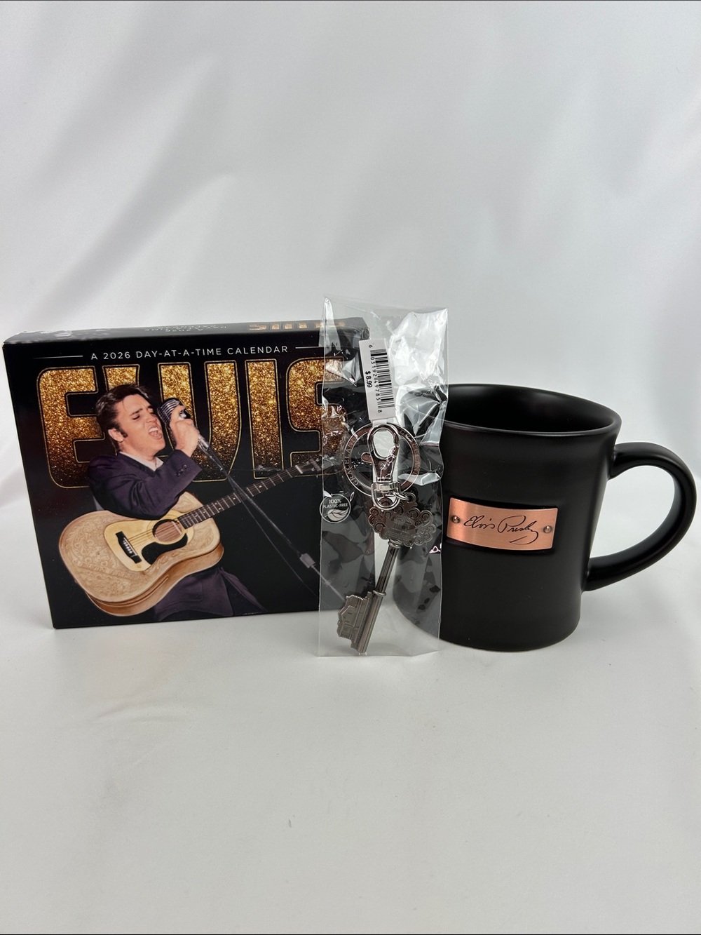 Elvis Presley Mug & Day-At-A-Time Calendar Set and Graceland keychain